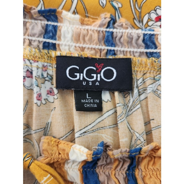 Gigio Mustard Yellow Boho Peasant Blouse Floral and Stripe Print Size Large