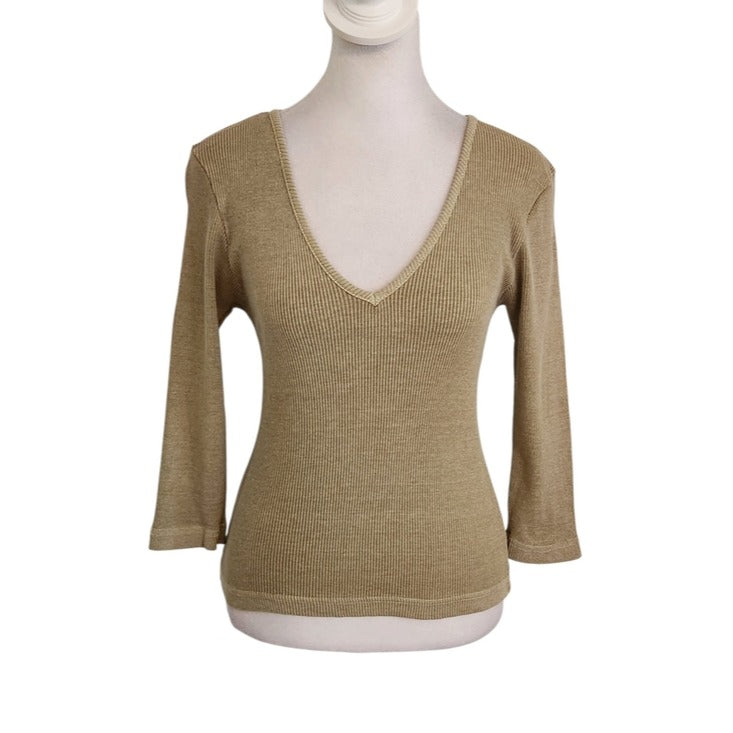Hard Tail Tan Ribbed Knit Fitted V-Neck Top with 3/4 Sleeves One Size