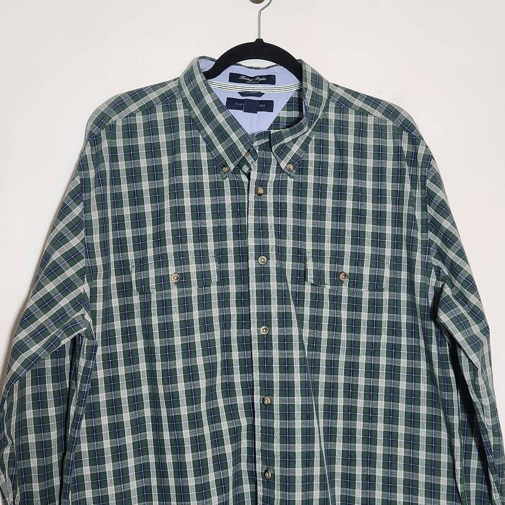 Tommy Hilfiger Green Plaid Button-Down Shirt Size XL Cotton Poplin Button-Up