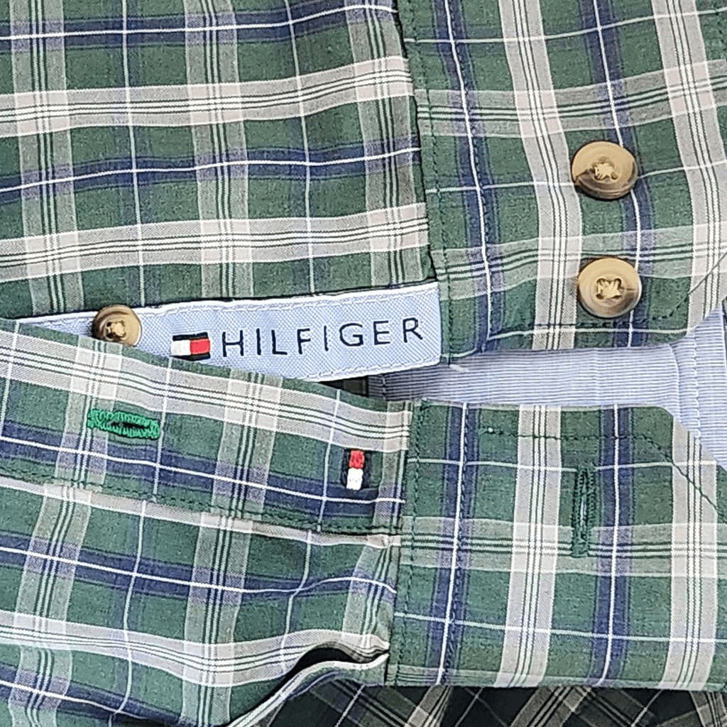 Tommy Hilfiger Green Plaid Button-Down Shirt Size XL Cotton Poplin Button-Up