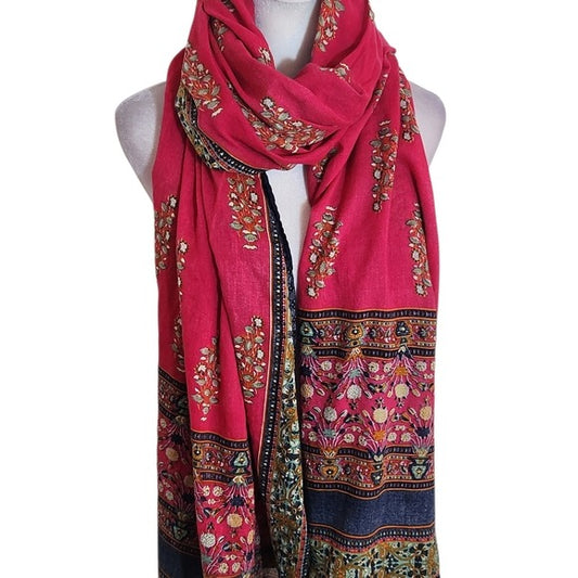 Boho Pink and Navy Print Scarf 33.5 x 89 Inches