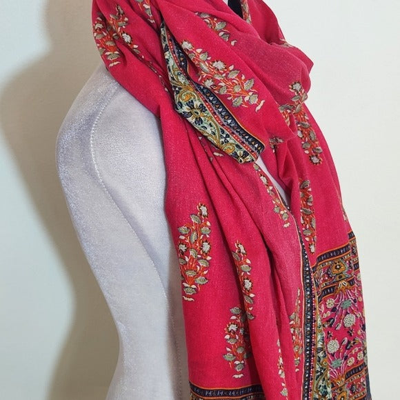 Boho Pink and Navy Print Scarf 33.5 x 89 Inches