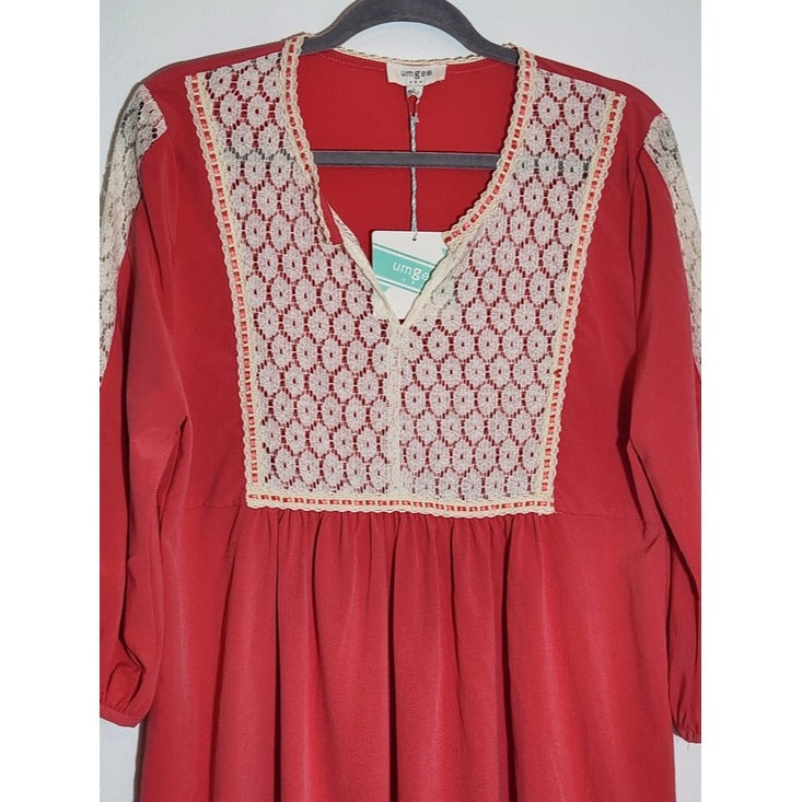 Umgee Coral Pink Mini Dress with Cream Lace Accent Size Large NWT