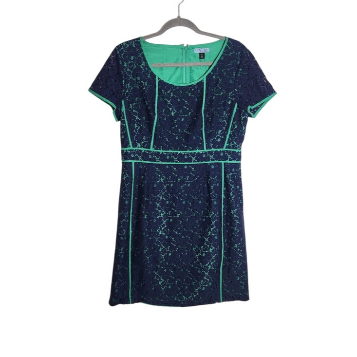 Cynthia Rowley Navy Lace Sheath Dress with Green Trim Sz 12 Wedding Guest Dress