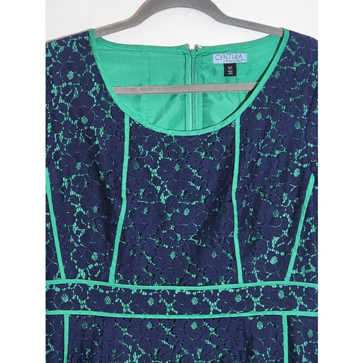 Cynthia Rowley Navy Lace Sheath Dress with Green Trim Sz 12 Wedding Guest Dress