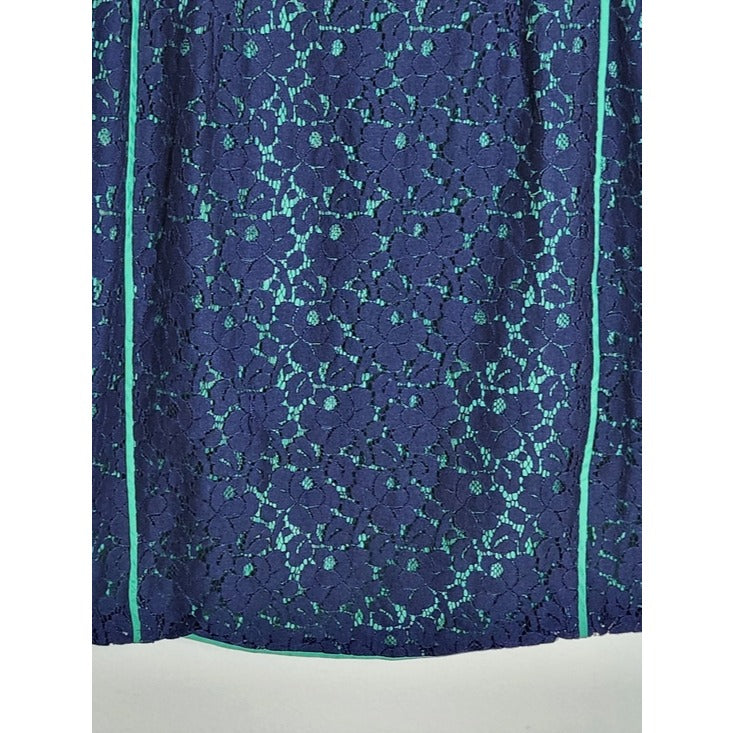Cynthia Rowley Navy Lace Sheath Dress with Green Trim Sz 12 Wedding Guest Dress