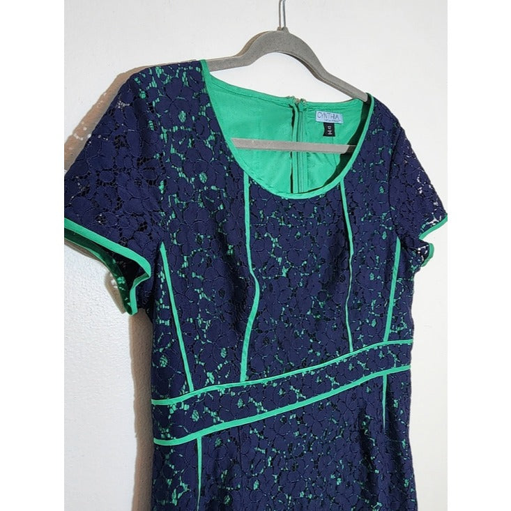 Cynthia Rowley Navy Lace Sheath Dress with Green Trim Sz 12 Wedding Guest Dress
