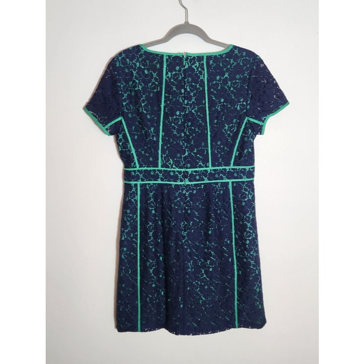 Cynthia Rowley Navy Lace Sheath Dress with Green Trim Sz 12 Wedding Guest Dress