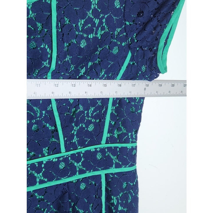Cynthia Rowley Navy Lace Sheath Dress with Green Trim Sz 12 Wedding Guest Dress