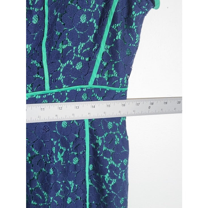 Cynthia Rowley Navy Lace Sheath Dress with Green Trim Sz 12 Wedding Guest Dress