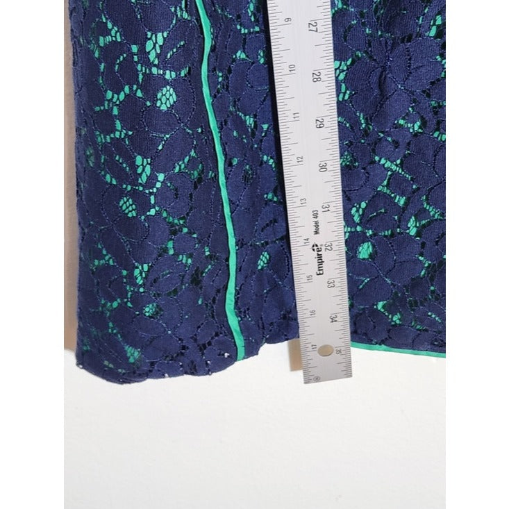 Cynthia Rowley Navy Lace Sheath Dress with Green Trim Sz 12 Wedding Guest Dress