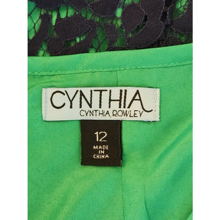 Cynthia Rowley Navy Lace Sheath Dress with Green Trim Sz 12 Wedding Guest Dress