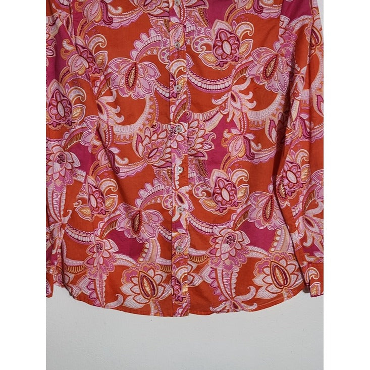 Talbots Pink and Orange Paisley Button-Up Blouse Size Small Petite