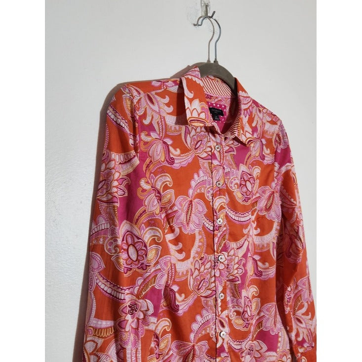Talbots Pink and Orange Paisley Button-Up Blouse Size Small Petite