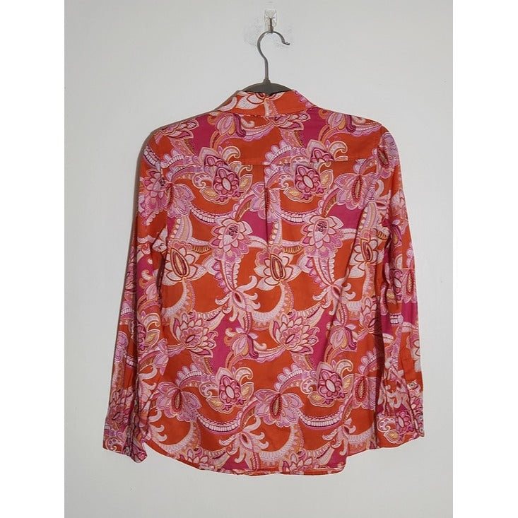 Talbots Pink and Orange Paisley Button-Up Blouse Size Small Petite