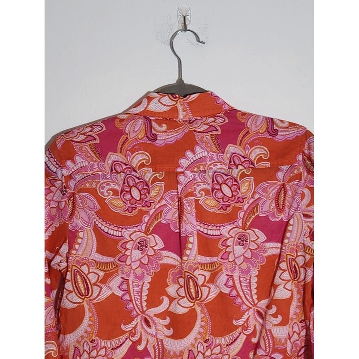 Talbots Pink and Orange Paisley Button-Up Blouse Size Small Petite
