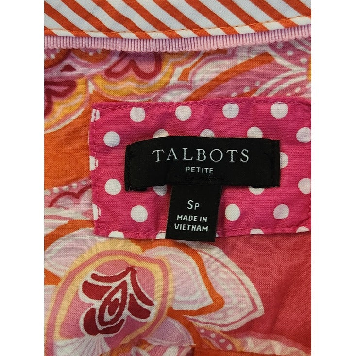 Talbots Pink and Orange Paisley Button-Up Blouse Size Small Petite