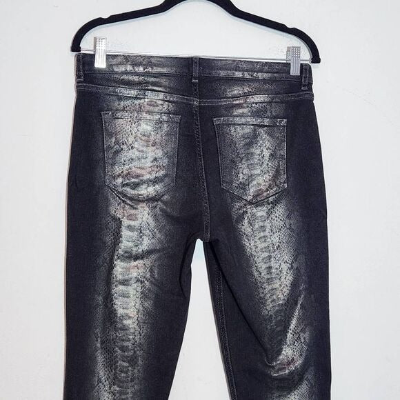 Elie Tahari Black Skinny Jeans with Silver Snakeskin Print Size 10