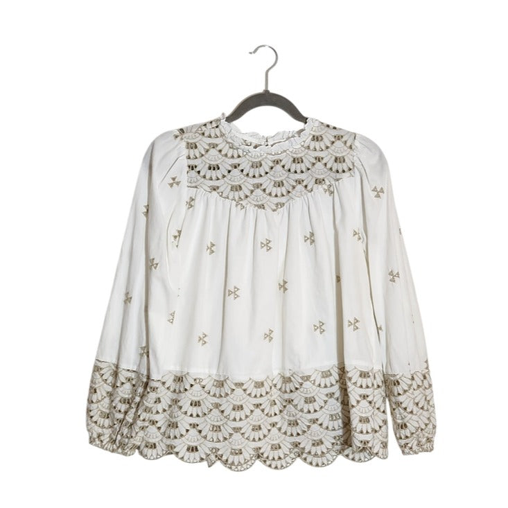Time and Tru White and Tan Embroidered Boho Peasant Blouse Size XS 0-2