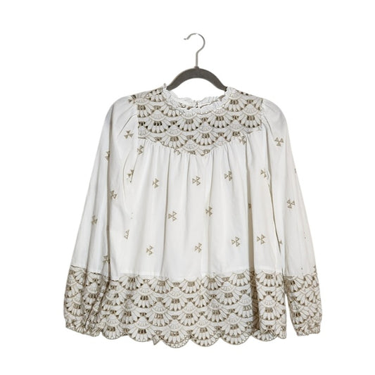 Time and Tru White and Tan Embroidered Boho Peasant Blouse Size XS 0-2