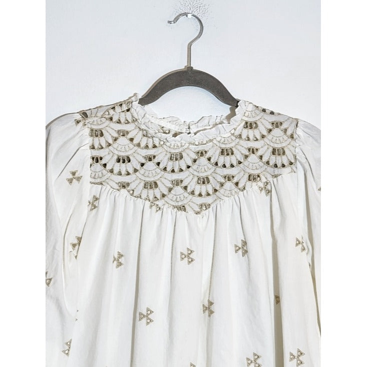 Time and Tru White and Tan Embroidered Boho Peasant Blouse Size XS 0-2