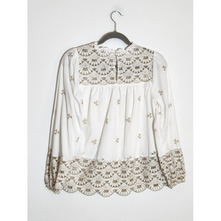 Time and Tru White and Tan Embroidered Boho Peasant Blouse Size XS 0-2