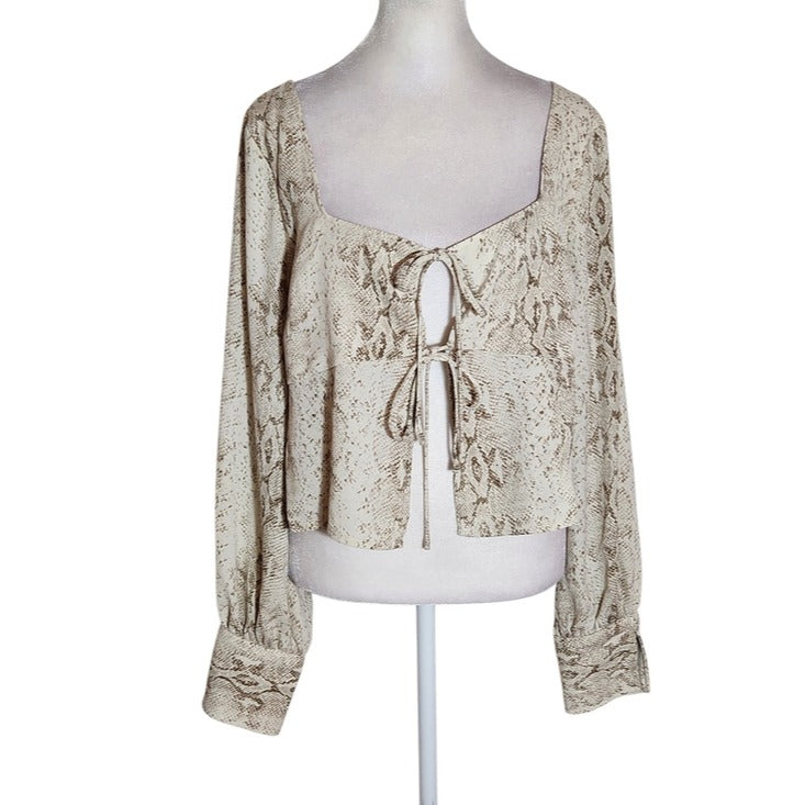 Leith Brown and Cream Snakeskin Print Tie-Front Cropped Blouse Size Large