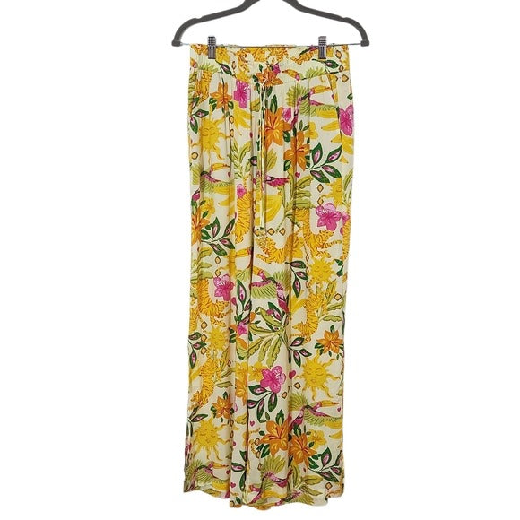 Rose + Olive Yellow Tropical Print Wide-Leg Pants Size Medium New