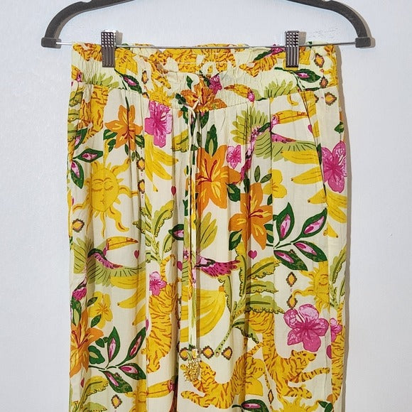 Rose + Olive Yellow Tropical Print Wide-Leg Pants Size Medium New