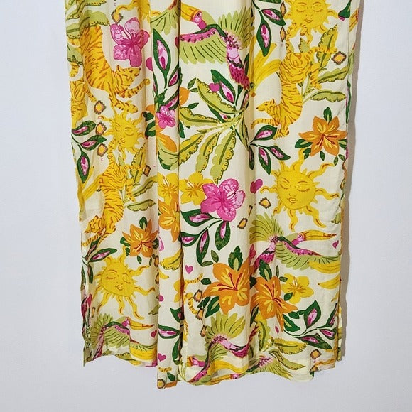 Rose + Olive Yellow Tropical Print Wide-Leg Pants Size Medium New