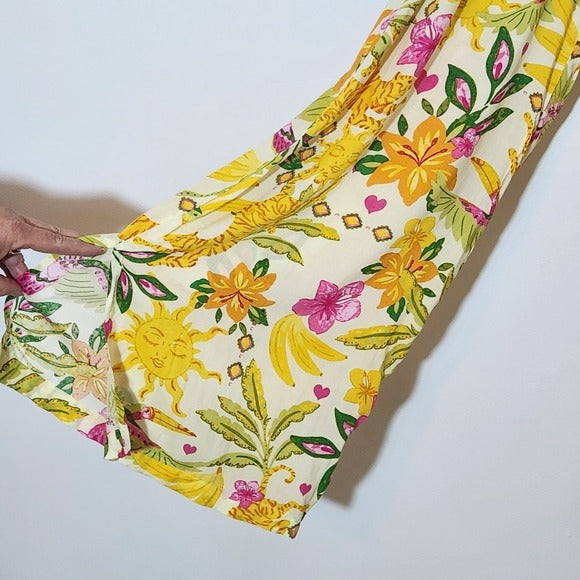 Rose + Olive Yellow Tropical Print Wide-Leg Pants Size Medium New