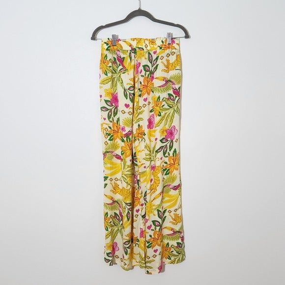 Rose + Olive Yellow Tropical Print Wide-Leg Pants Size Medium New