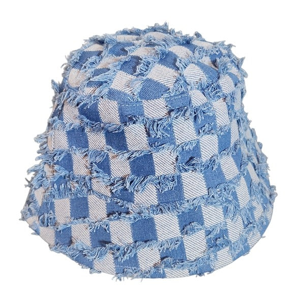 Frayed Denim Checkerboard Bucket Hat Size Large (58)