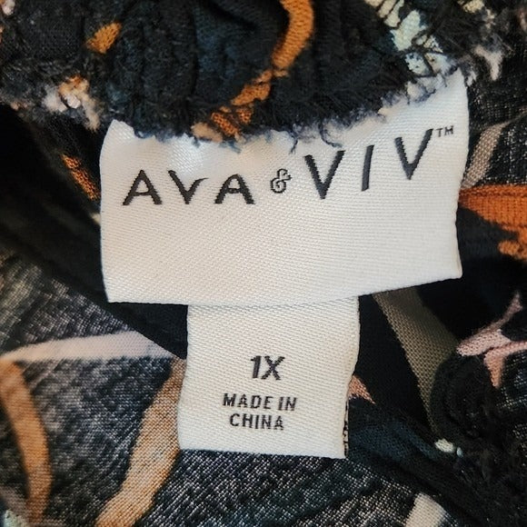 Ava & Viv Black Print Midi Dress Size 1X Plus Size Boho Midi Dress