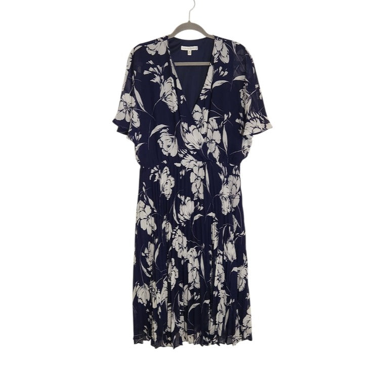 Sandra Darren Navy and White Floral Wrap Look Midi Dress Size 16