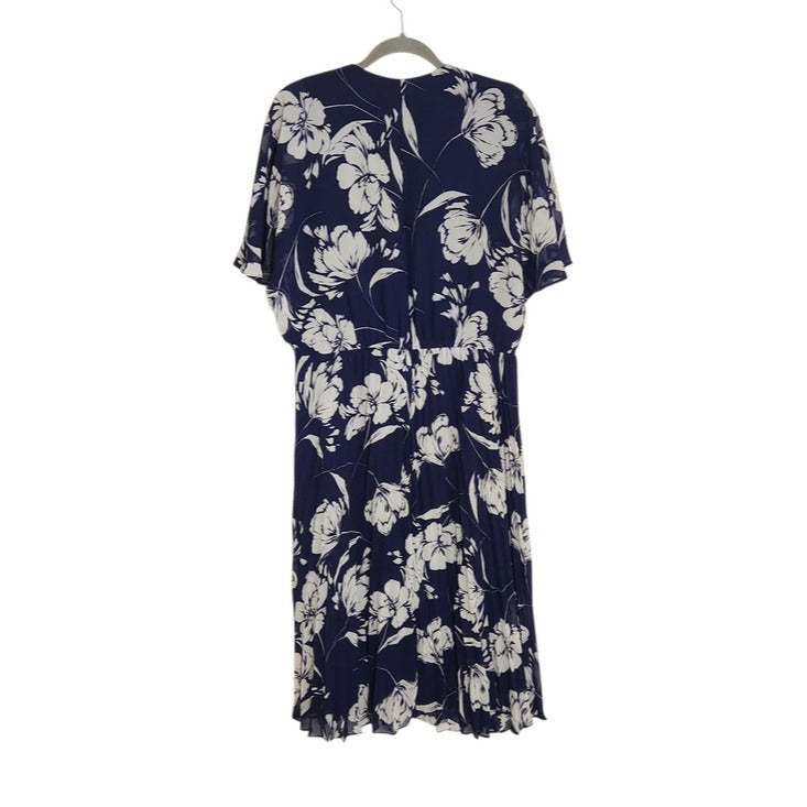 Sandra Darren Navy and White Floral Wrap Look Midi Dress Size 16