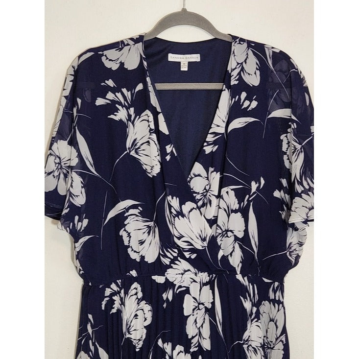 Sandra Darren Navy and White Floral Wrap Look Midi Dress Size 16