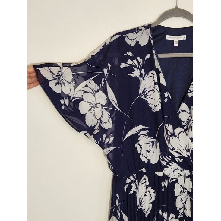 Sandra Darren Navy and White Floral Wrap Look Midi Dress Size 16