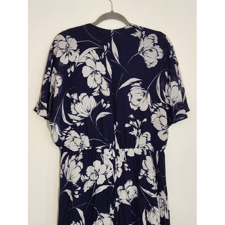 Sandra Darren Navy and White Floral Wrap Look Midi Dress Size 16