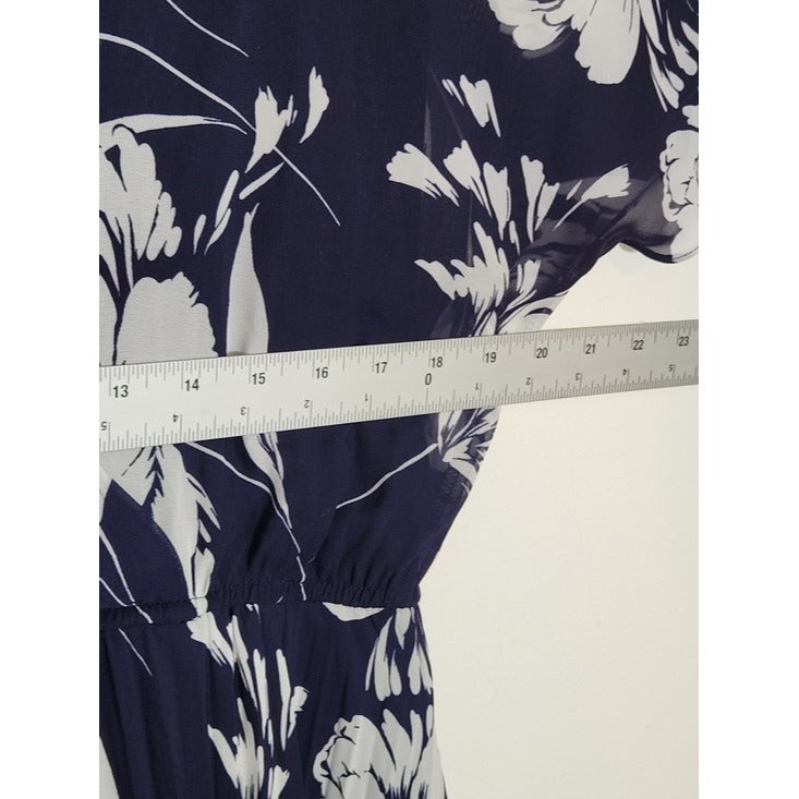 Sandra Darren Navy and White Floral Wrap Look Midi Dress Size 16