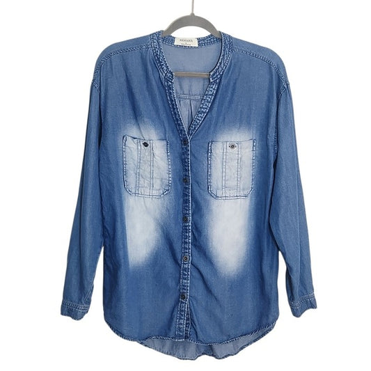 Zenana Chambray Denim Buttondown Shirt Size Large
