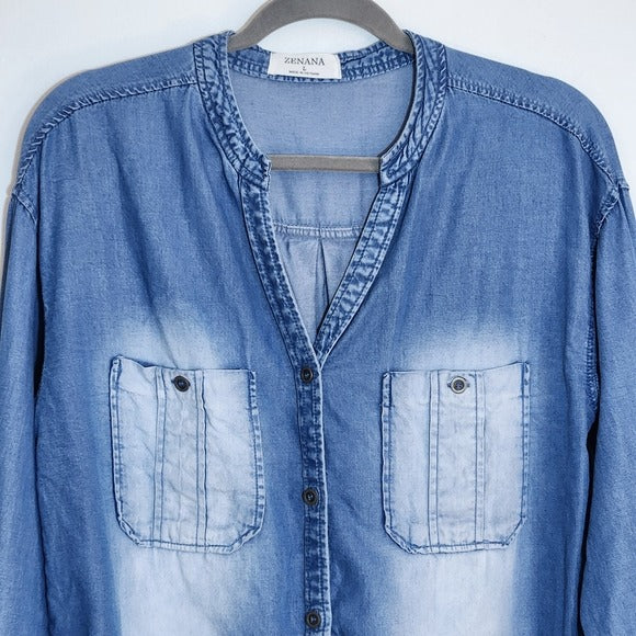 Zenana Chambray Denim Buttondown Shirt Size Large