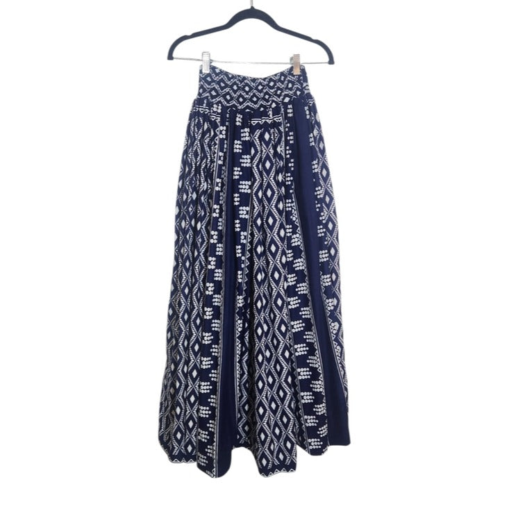 Advance Apparel Navy and White Print Boho Full Maxi Skirt Free Size
