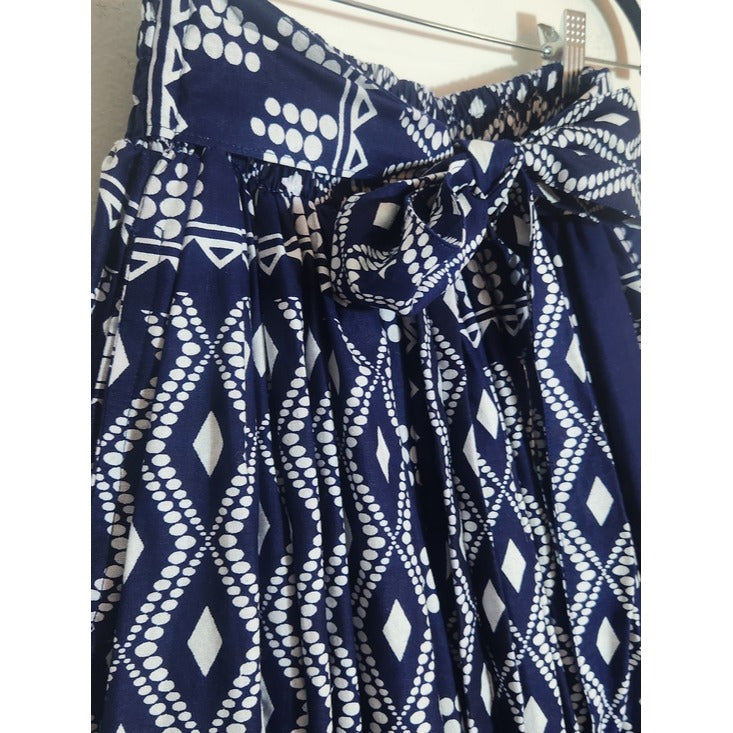 Advance Apparel Navy and White Print Boho Full Maxi Skirt Free Size
