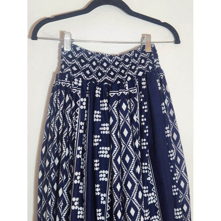 Advance Apparel Navy and White Print Boho Full Maxi Skirt Free Size
