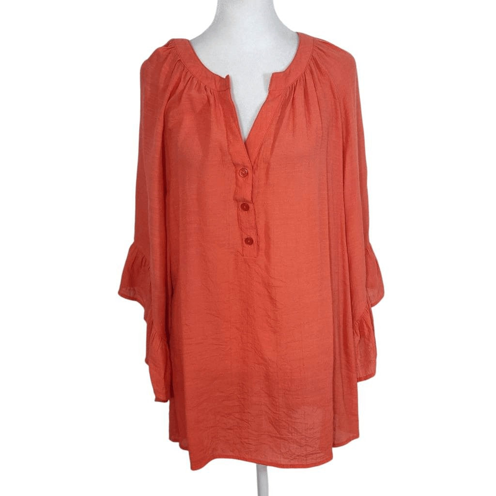 Ashley Stewart Orange Flowy Blouse with Ruffle Sleeves Size 14-16