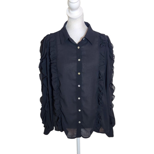 HYFVE Black Semi-Sheer Ruffle Button Down Shirt Size Medium
