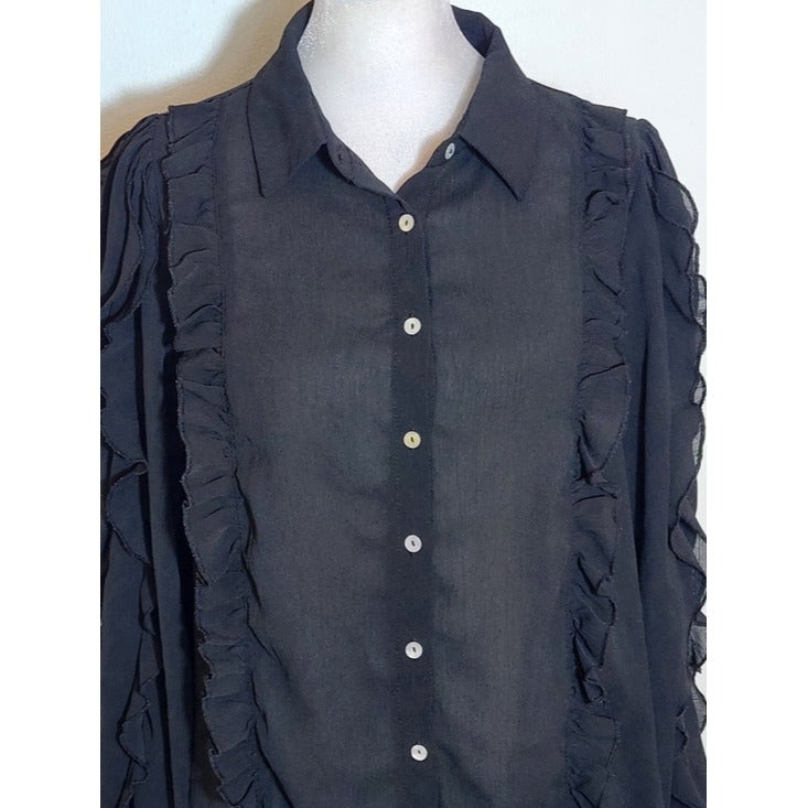 HYFVE Black Semi-Sheer Ruffle Button Down Shirt Size Medium