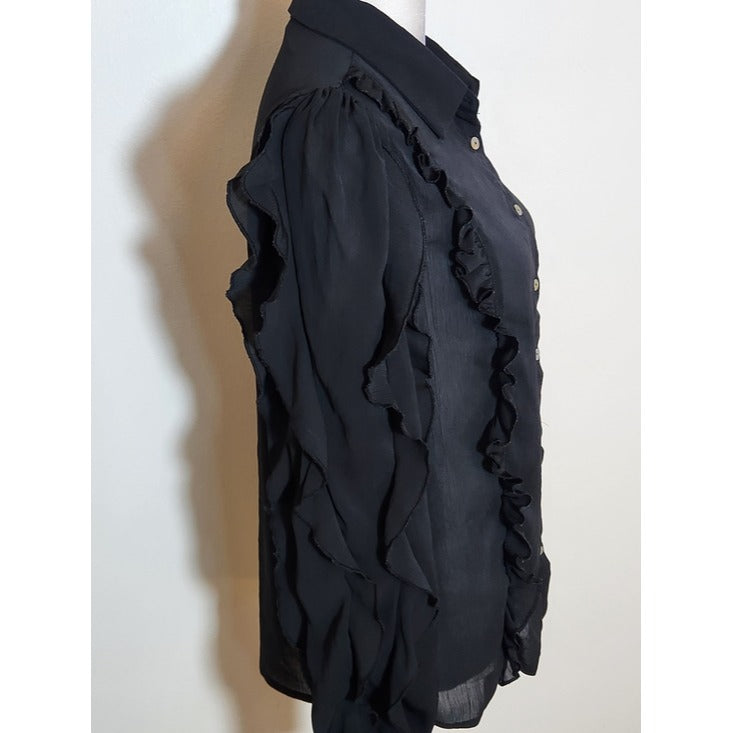 HYFVE Black Semi-Sheer Ruffle Button Down Shirt Size Medium