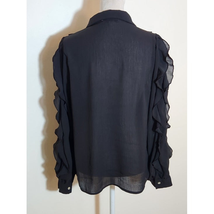 HYFVE Black Semi-Sheer Ruffle Button Down Shirt Size Medium